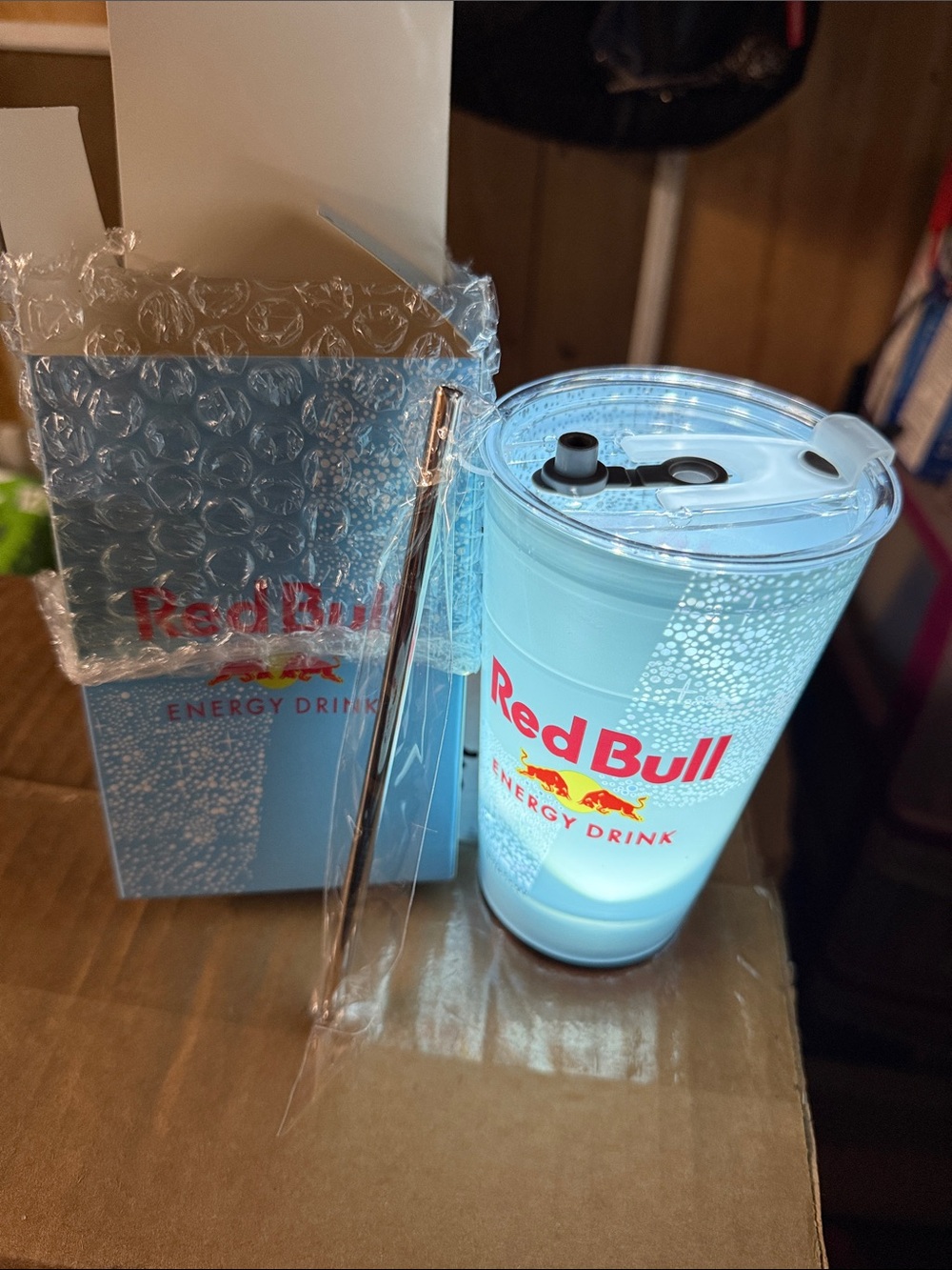 Light Blue Red Bull Tumbler with Lid